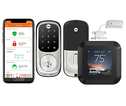 home automation equipment smart thermostat, water sensor, smart lock, mobile app
